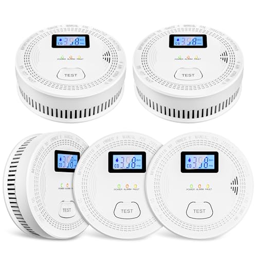 5 Packs, Smoke Combination CO Alarm,2-in-1 Detection, CO Detector,Smoke Detector,Battery Powered CO Alarm with LEDs,Digital Display,Test Button,Low Battery Warning,85db Alarm,Flexible Installation