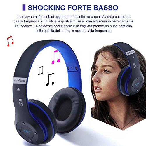 6S Over-ear Wireless Cuffie, Cuffie Wireless Bluetooth Cuffie Wireless Stereo Pieghevoli ad Alta Fedeltà, Microfono Incorporato, Micro SD/TF, FM (per iPhone/Samsung/iPad/PC) (Nero blu)