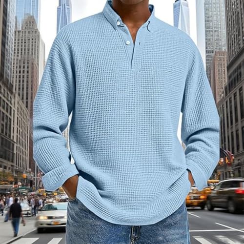 Mokaloha Mens Long Sleeve Shirts Waffle, New Men's Simple Solid Color Waffle Lapel Long Sleeve Polo Shirt2