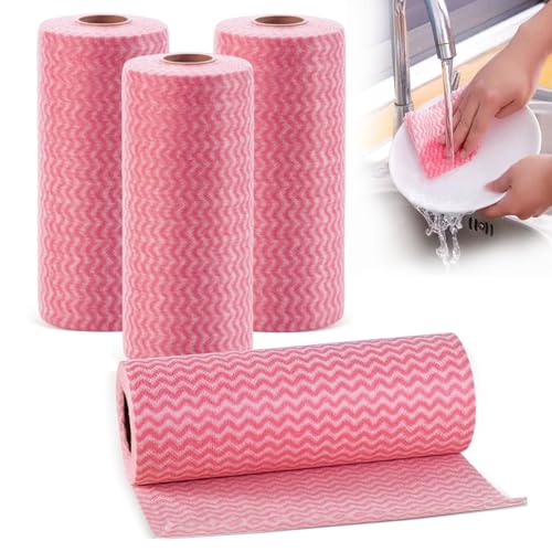 Wischtücher auf Rolle, 4 Rollen Wiederverwendbare J Cloth, Vliesstoffe Küchentücher Putztuch, Mehrzweck Wischtuch Rollen für Wohnküche Esstisch(Rot)