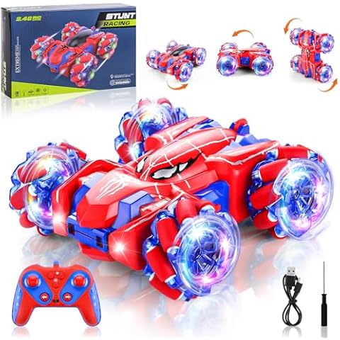Punieayi Spider Remote Control Car, 2.4Ghz RC Cars with Headlight Double Sided Off-Road 360° Rotating RC Drift Car Toys, Rechargeable 4WD RC Stunt Car Indoor Outdoor Spider Toys for Boys 4-6 5-7 8-13 Cover