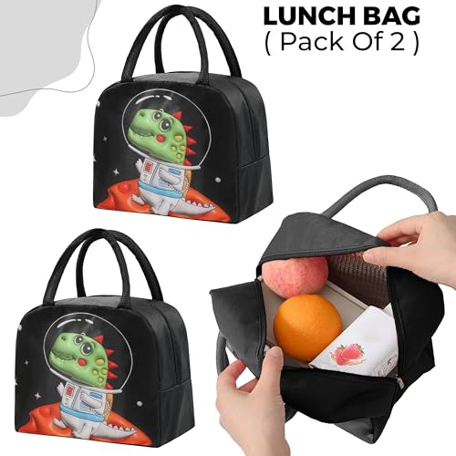 Image of Kraptick Printed Lunch Bag - Insulated Travel Tiffin Bag for Kids & Adults, Reusable Lunch Bag for Office, School Meal Organizer (Black Dinosaur) (Pack of 2)