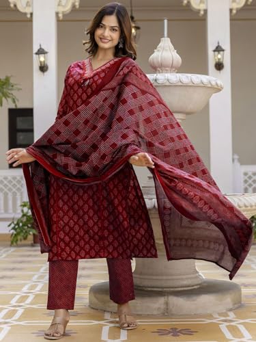 Image of PARTHVI|Women's Pure Cotton Printed with Handwork Kurta with Pants and Dupatta Set | Ethnic Set | Suit Set | Kurta Set | Wedding Suit Set
