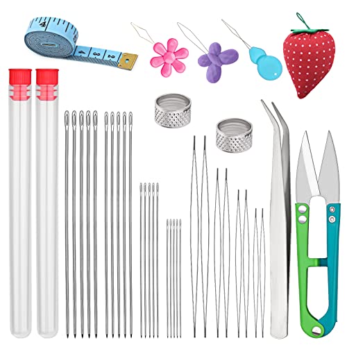 UOOU 39 Pcs Beading Needles for Jewelry Making Include 20 Pcs Long Straight Beading Needles + 8 Pcs Big Eye Beading Needles, Needles for Seed Beads Set with Yarn Scissors, Thimble, Needle Threaders