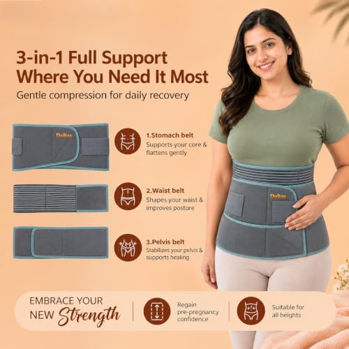 Image of DOLTAS 3-in-1 Post Pregnancy Abdominal Belt for Women - C-Section Abdomen Belt & Belly Wrap for After Delivery Recovery - Adjustable Postpartum Belt, Maternity Belt for Waist, Pelvis & Tummy Support (Free Size) (Grey & Green)