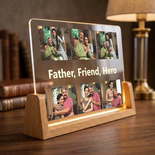 Image of Giftplease Customized Acrylic Photo Frame with LED Light & Wooden Base | Personalized 6-Photo Collage Lamp for Father | Father's Day, Birthday Gift for Papa, Dad, Husband | Warm Glow