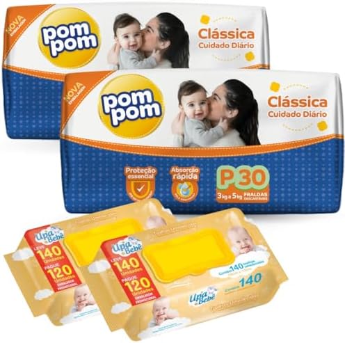 Kit 02 Pacotes Fraldas Descartáveis PomPom P M G XG + 280un Lenço...