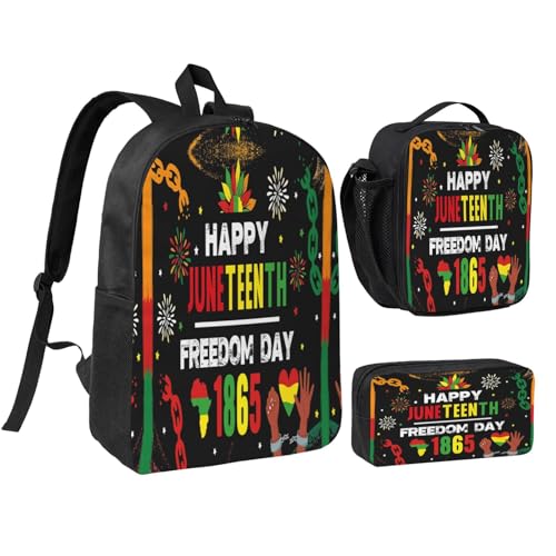 Happy Juneteenth Freedom Day 1865 Sunflower 17 Inch Backpack Sets Lunch Bag Lightweight Daypack for Men Women 3Pcs