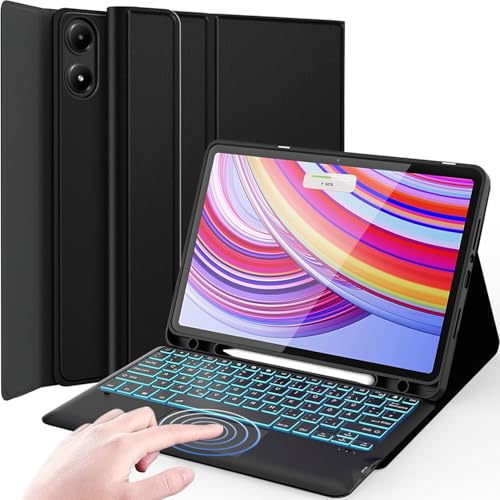 Wineecy Beleuchtete Tastatur Hülle für Redmi Pad Pro 12 1 Zoll 2024 Tablet Magnetisch Abnehmbare Kabellose Bluetooth QWERTZ Tastatur mit Touchpad und PU Leder Pencil Halter Schützhülle