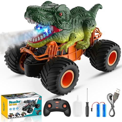 HappyGoLucky Dinosaur Remote Control Cars 1:16 Scale Monster Truck Toy with Spray Roar LED Lights 2.4GHz Rc Car Boys Toys Age 3-8 Kids Toy Gifts for 3-8 Year Old Boy Easter Gifts for Kids