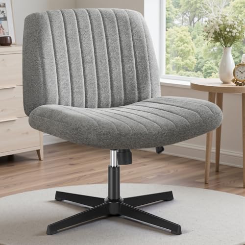 OLIXIS Criss Cross Chair,Comfy Cross Legged Office Desk Chair No Wheels,Modern Fabric Swivel Adjustable Height Mid Back Wide Seat for Home Office Computer Makeup Vanity Task(Gray)