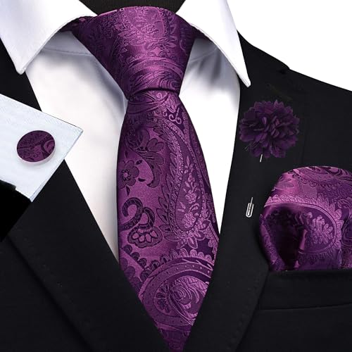 Image of GUSLESON Paisley Tie Set for Men 3.15 inch Necktie Lapel Pin Hankerchief Cufflinks Set for Men