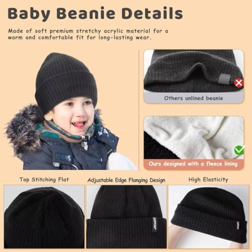 Baby Beanie Mittens Scarf Set Girls Boys, Toddler Winter Hat and Gloves Neck Warmer Set Knit Warm with Fleece Lining3