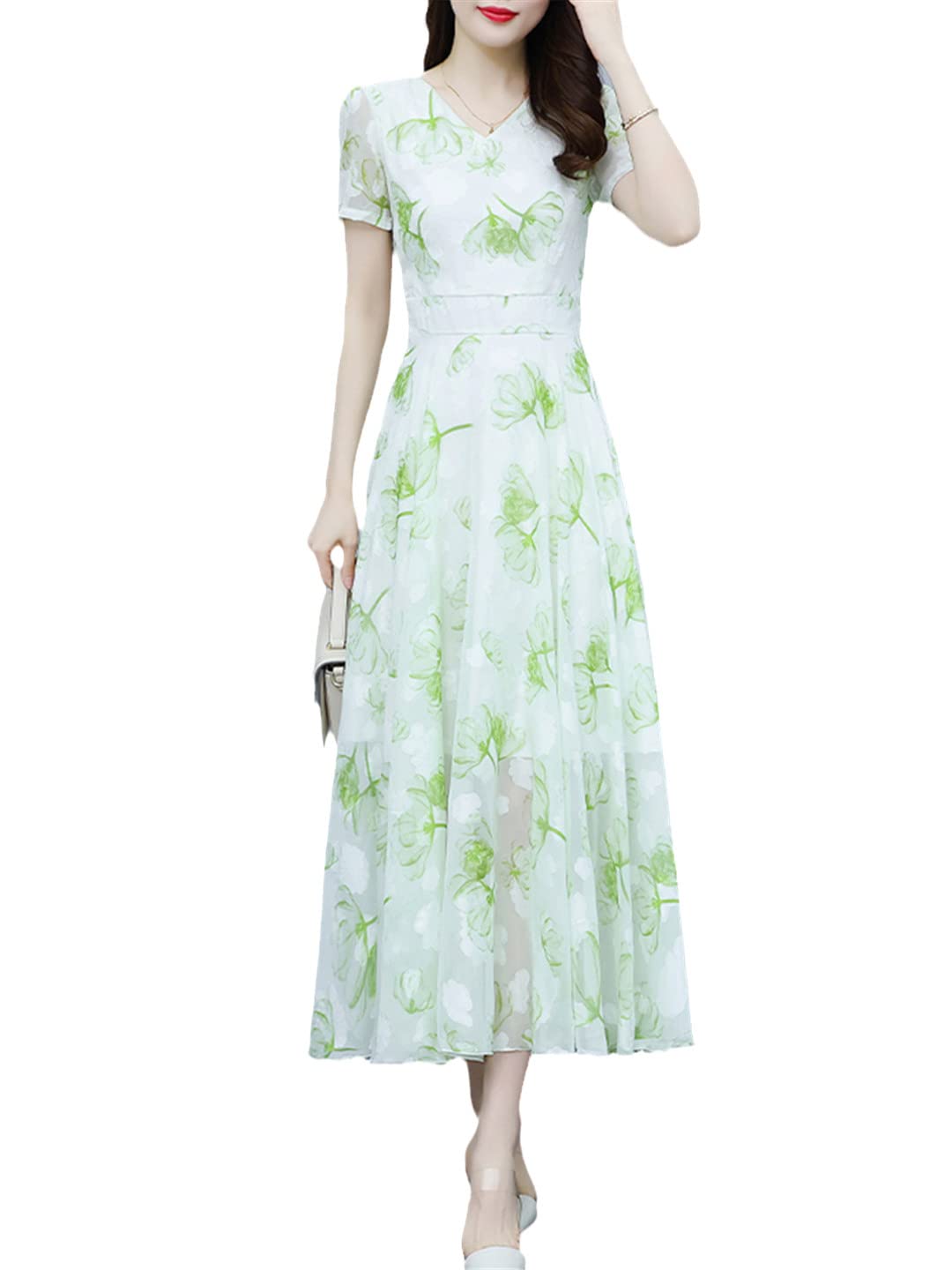Abito midi casual floreale estivo da donna, elegante, in chiffon, lungo, formale, da sera