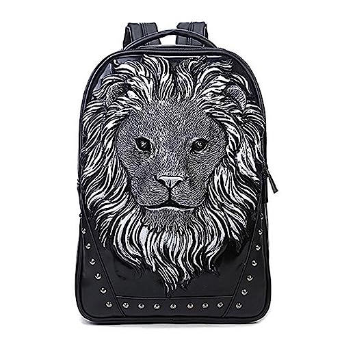 Personalized 3D Lion PU Leather Casual Laptop Backpack for Men Durable Travel Daypack (Silver color)