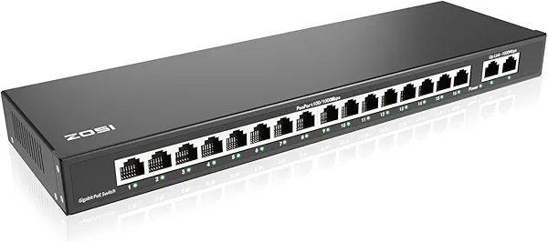 ZOSI 16 Port Gigabit PoE Switch with 2 Gigabit Uplink Ports, 156W for 16 PoE+ Ports, IEEE802.3af/at, Unmanaged Ethernet Switch, Plug & Play, Sturdy Metal Casing, Desktop/Wall Mount 16-Port