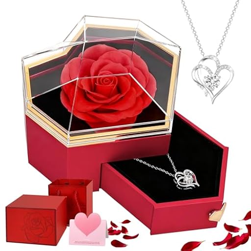 JABNOW Rosa Eterna con Collar Regalo de San Valentín, Flores Preservadas para Día de la Madre, Regalo de Cumpleaños Mujer, Aniversario, Navidad en Caja Corazón para Mamá/Novia/Abuela y Hermana | Ya disponible en tu tienda friki favorita! En mundofriki.es!