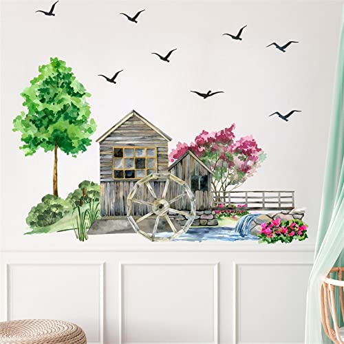 Tree House Wall Stickers Large Green Tree Wall Decals Watercolor Flying Bird Tree Wall Stickers Nature Landscape Wall Decals Tree House Wall Decals For Bedroom Nursery Living Room Decor #TOP5