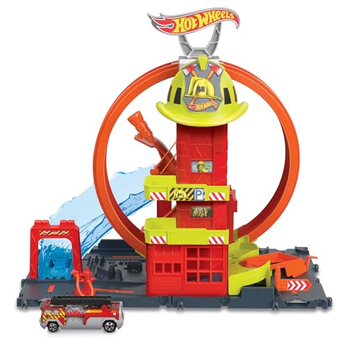 Hot Wheels City Super-Looping Feuerwache - Spielset mit manuellem Aufzug...