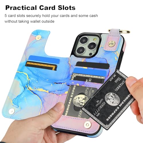 Image of HAOPINSH for iPhone 13 Pro Max Wallet Case with Card Holder, Pink Blue Marble Print Back Flip Folio PU Leather Kickstand Card Slots Case, Finger Grip Ring Double Magnetic Clasp Shockproof 6.7 inch