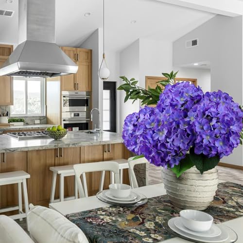 6PCS Large Silk Hydrangea Flowers, 20 In Full Faux Hydrangea Artificial Flowers with Stem Leaves for Fake Huge Bouquet Home Kitchen Wedding Party Wreath Xmas Centerpieces Arrangements (Purple)