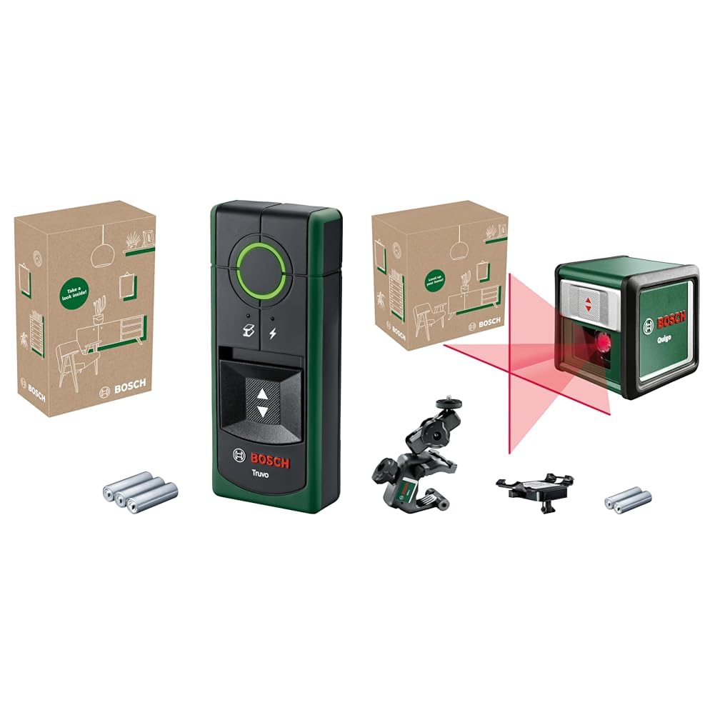 Bosch Détecteur Truvo 2ème Génération (Bouton Unique, détection câbles électriques et métal Jusqu’à 70 mm, boîte e-Commerce) & Laser Lignes Quigo avec Pince Universelle MM 2 (alignement précis)