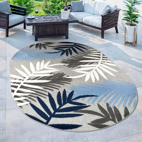 Rugshop Palm Indoor/Outdoor Easy Cleaning Living Room Oval Rug Blue 5' x 7'