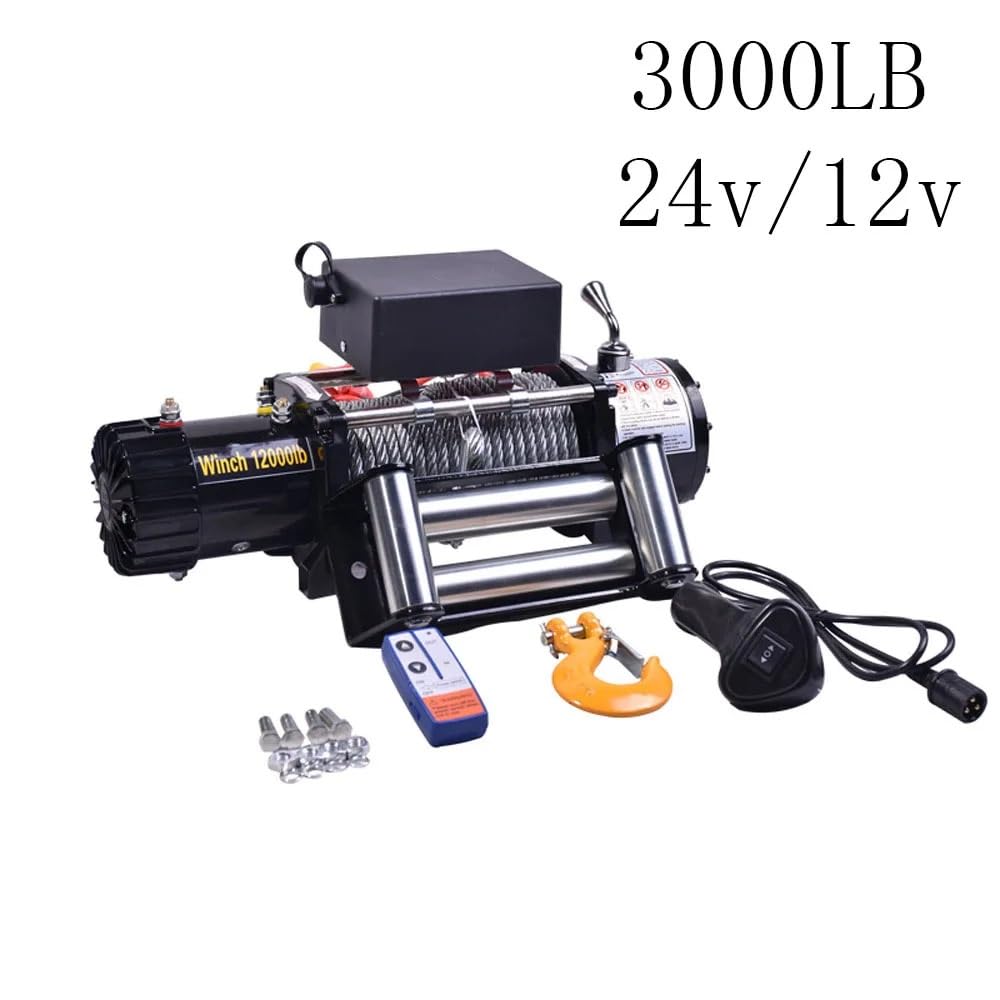 Wciągnik łańcuchowy Wciągarka elektryczna 3000LBS 24V/12V + lina syntetyczna 10M, sterowanie bezprzewodowe, do ATV SUV łódź ciężarówka z przyczepą odzyskiwanie Off Road(12V 3000lb)
