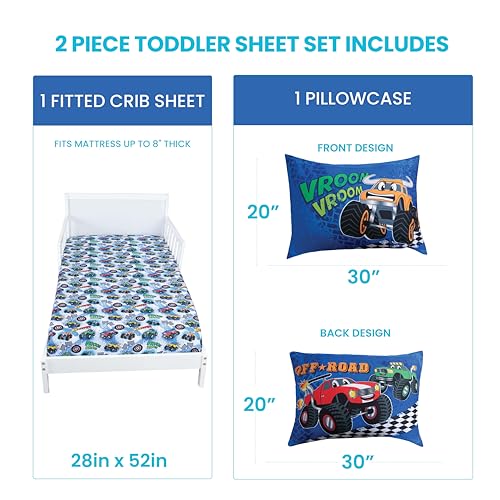 Image of Todays Kids Monster Trucks Bedding Toddler Bed Sheets - 2-Piece Toddler Bed Sets for Boys Crib Size, Fitted Crib Sheet & 20x30 Pillowcase, Soft Breathable & Fade-Resistant Microfiber, Machine Washable