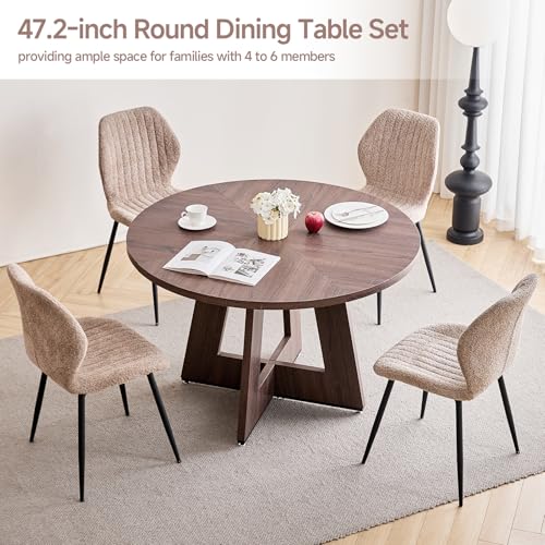 Image of 47 inch Round Dining Table Set for 4, Kitchen Table and Chairs | Wooden Cross Base, Boucle Fabric Chair, for Apartment
