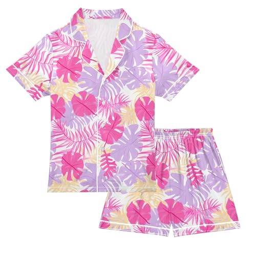 Pink Leaf Summer Satin Pajama Set, Cute Button-Down Sleepwear Pj Set for Sleep Wears