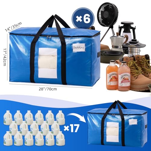 Image of TAILI Extra Large Moving Bags, 6 Pack Blue Heavy Duty Totes For Storage with Visible Window, Wrap Around Handles, Storage Bags for Space Saving, Alternative to Moving Boxes