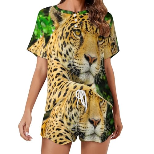 Pyjama femme manches courtes respirant : ensemble de nuit d'été léopard jaune anti-chaleur