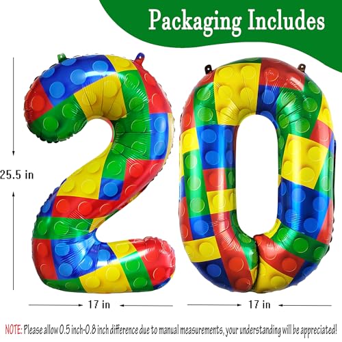 Image of 32 Inch Building Block Number 20 Balloons birthday Block Themed Large Big Helium Foil Mylar Balloon for Girls Boys Birthday Party Decoration Supplies