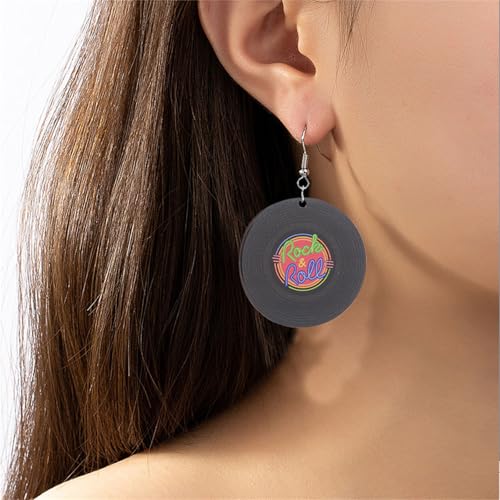 coadipress Vintage Vinyl Records Earrings for Women Retro Black Red Acrylic Long Player DJ Rock Roll 50s 60s 70s Classic Music Circle Record Dangle Drop Earrings Disco Party Jewelry3
