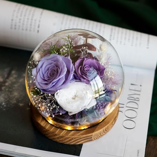 プリザーブドフラワー プレゼント 枯れない花 ガラスドーム 贈り物 女 性 母の日 フラワー 誕生日 記念日 バラ カーネーション ギフト (バラ-青紫)