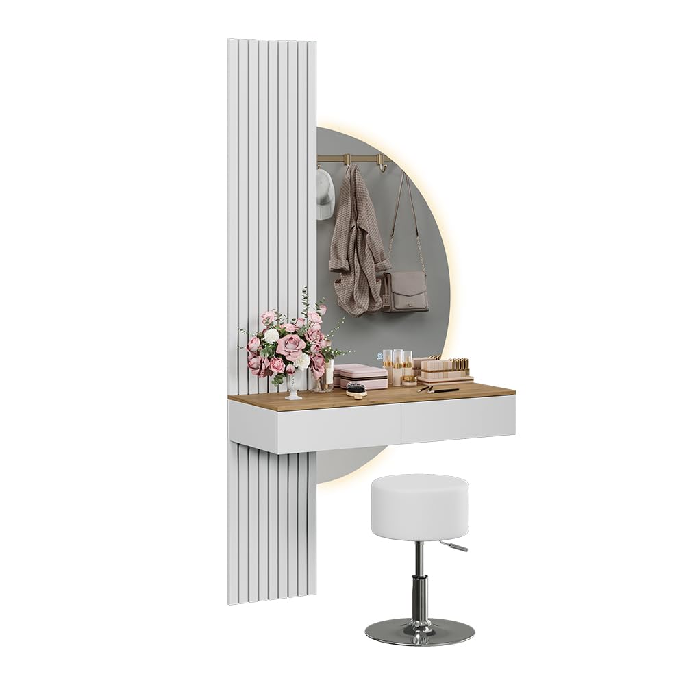 Vicco Tavolo da toeletta Melina, Bianco/quercia, 100 cm con specchio LED e sgabello, Perfetto per una routine di bellezza organizzata
