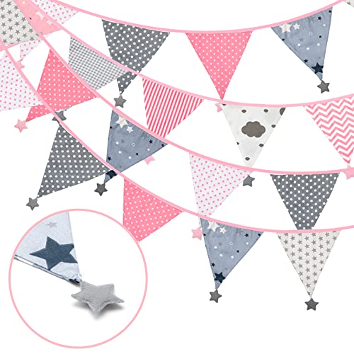 G2PLUS 4M Banderines Tela,Doble Cara Guirnalda de Banderines con Estrellas,Rosa y Gris Banderita con 12 Triángulos de Telas Decoración Habitación Bebé