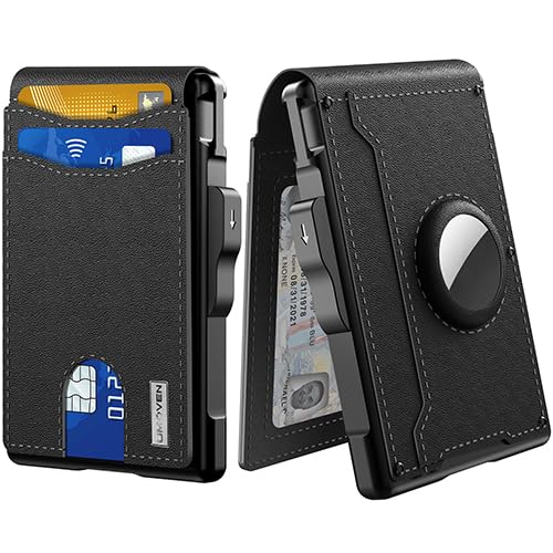 umoven AirTag Wallet for Men - with Pop Up Aluminum Case Money Clip Slim Leather Slots Credit Card Holder RFID Blocking Bifold Minimalist Wallet with Gift Box (Dark Black)