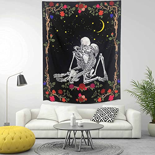 Ckcrc Skull Tapestry For Bedroom The Kissing Lovers Skeleton Tapestry Rose Tapestry For Room Wall Decor (60" L X 51" W / 150 X 130 Cms) #TOP2