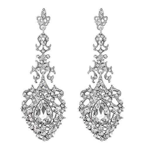 EDTO Women's Wedding Bridal Crystal Multi Marquise Filigree Flower Chandelier Clip-On Dangle Earrings