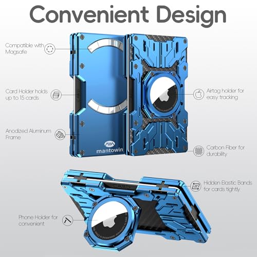 Minimalist Mens Wallet RFID Blocking - Slim Metal Wallet With Airtag Holder - Compact Credit Card Holder Mini Size, Metal, Carbon Fiber (Blue)3