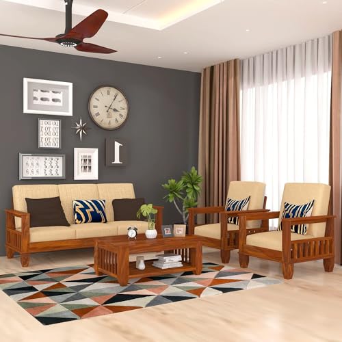Image of Solid Sheesham Wood 5 Seater Sofa Set with Center Table for Living Room | Wooden 3+1+1 Sofa Set with Coffee Table for Home | Five Seater Sofas with Storage & Cream Cushion | Honey