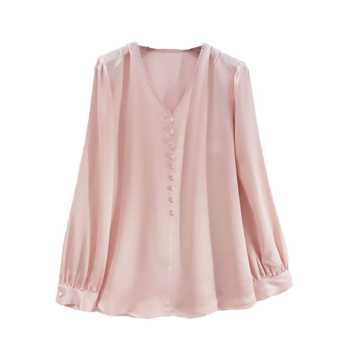 Camisa de satén de seda para mujer, manga larga, cuello en V, blusa para oficina, color liso, para oficina