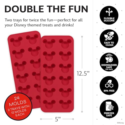 Image of Disney Mickey Silicone Ice Cube Tray, 2-Pack 5 inchx12.5 inch, BPA-Free | Flexible design pops character-shaped cubes out easily, dishwasher safe, doubles for chocolate and gummies, makes 24 molds