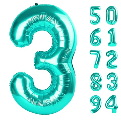 Image of Teal Blue 3 Balloon, Number Balloons 40 Inch, 3rd Birthday Decorations Women Party Supplies for Party Decorations, Number 3 Balloon