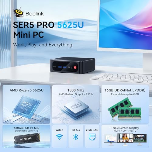 Image of Beelink SER5 Pro Mini PC, Ryzen 5 5625U (6C /12T, Up to 4.3GHz), 16GB DDR4 RAM, 480GB NVMe SSD, Radeon Graphics 7 CUs, Triple Display 4K@60Hz via HDMI /DP /Type-C, WiFi 6 /BT 5.4, Compact Office Desktop
