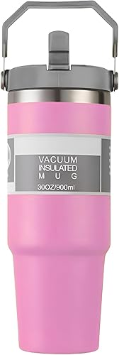 Miniatura 1 de Vaso de acero inoxidable de 30 onzas con doble aislamiento al vacío con asa y tapa con popote, vaso a prueba de fugas, botella de agua con popote