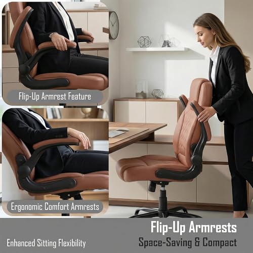 Image of DROGO Aurum Ergonomic Office Chair for Work from Home | Computer Chair for Study | PU Leather Executive Boss Chair with Flip-Up Armrest, Wide Cushion Seat (Brown)
