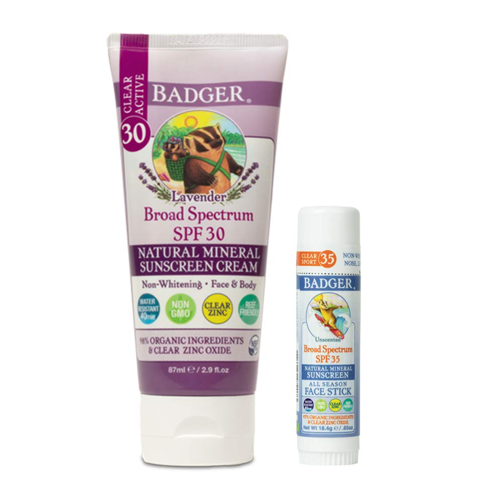 Badger - SPF 30 Lavender Clear Zinc Sunscreen Cream, 2.9 fl oz & SPF 35 Clear Zinc Sport Sunscreen Stick, Unscented, 0.65 oz, Water Resistant Reef Safe Sunscreen